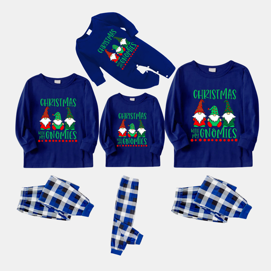 Navy & White Plaid Christmas Pajamas Set With "Christmas With My Gnomies" Text Print