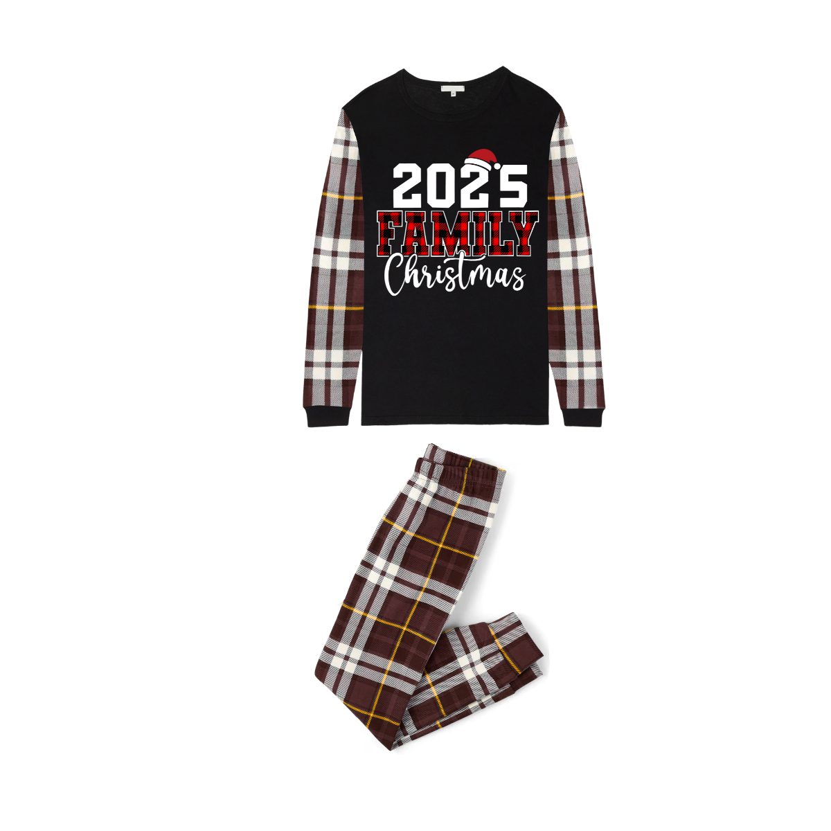 2025 Family Christmas Family Pajamas Set - Black Top, Brown Pants, Brown Buffalo Plaid Sleeves, Letter Print