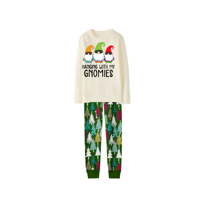 Hanging With My Gnomies Family Pajamas Set - Cream Top, Green Tree Print Pants, Green Tree Print Sleeves, Gnomes Print