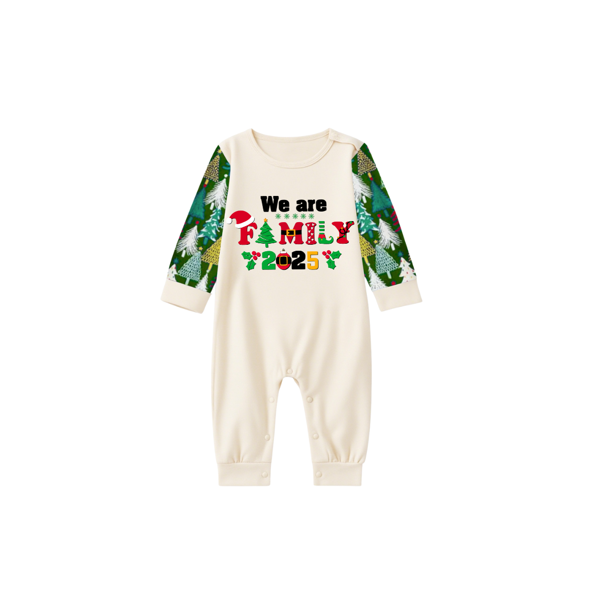 We Are Family 2025 Printed Beige Top And Green Pants Family Matching Christmas Pajamas Sets