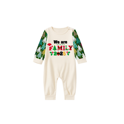 We Are Family 2025 Printed Beige Top And Green Pants Family Matching Christmas Pajamas Sets
