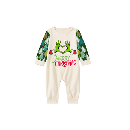 Merry Christmas 2025 Making Memories Family Pajamas Set - Cream Top, Green Pants, Christmas Tree Print Sleeves