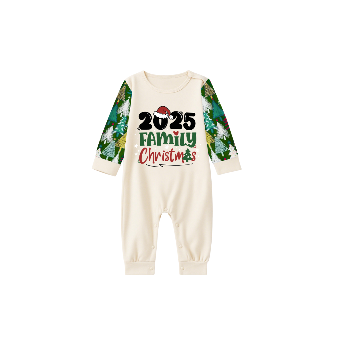 Merry Christmas 2025 Family Pajamas Set - Cream Top, Green Pants with Christmas Tree Pattern, Green Sleeves with Christmas Tree Pattern, Santa Hat & Christmas Tree Print