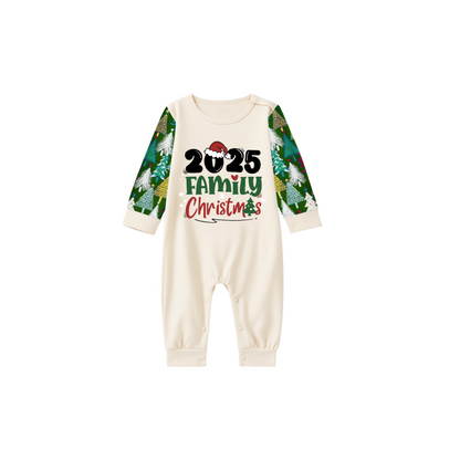 Merry Christmas 2025 Family Pajamas Set - Cream Top, Green Pants with Christmas Tree Pattern, Green Sleeves with Christmas Tree Pattern, Santa Hat & Christmas Tree Print