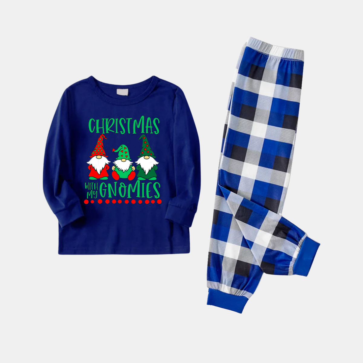 Navy & White Plaid Christmas Pajamas Set With "Christmas With My Gnomies" Text Print