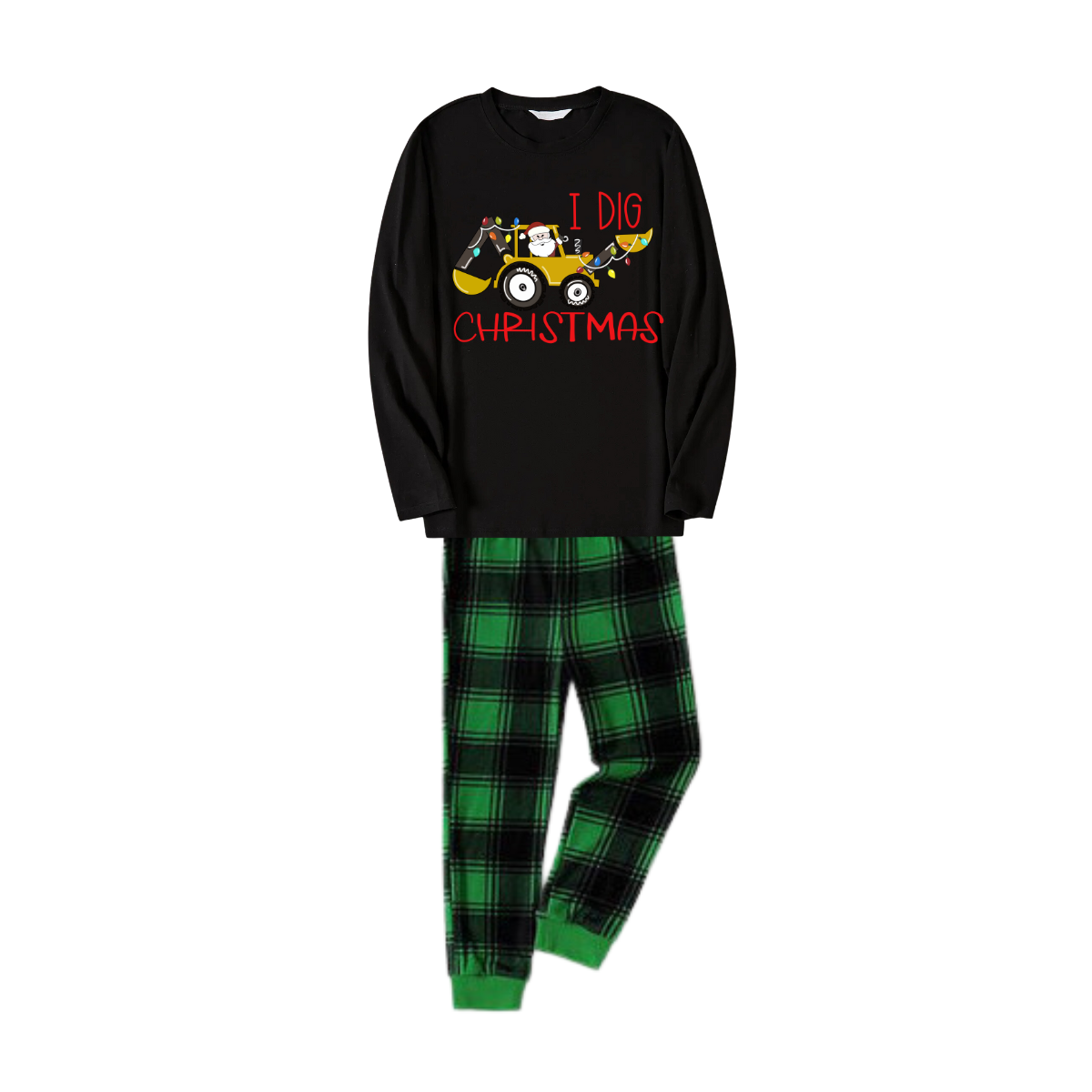 Christmas Excavator Print Black Long Sleeve Top with Green and Black Plaid Family Matching Pajamas