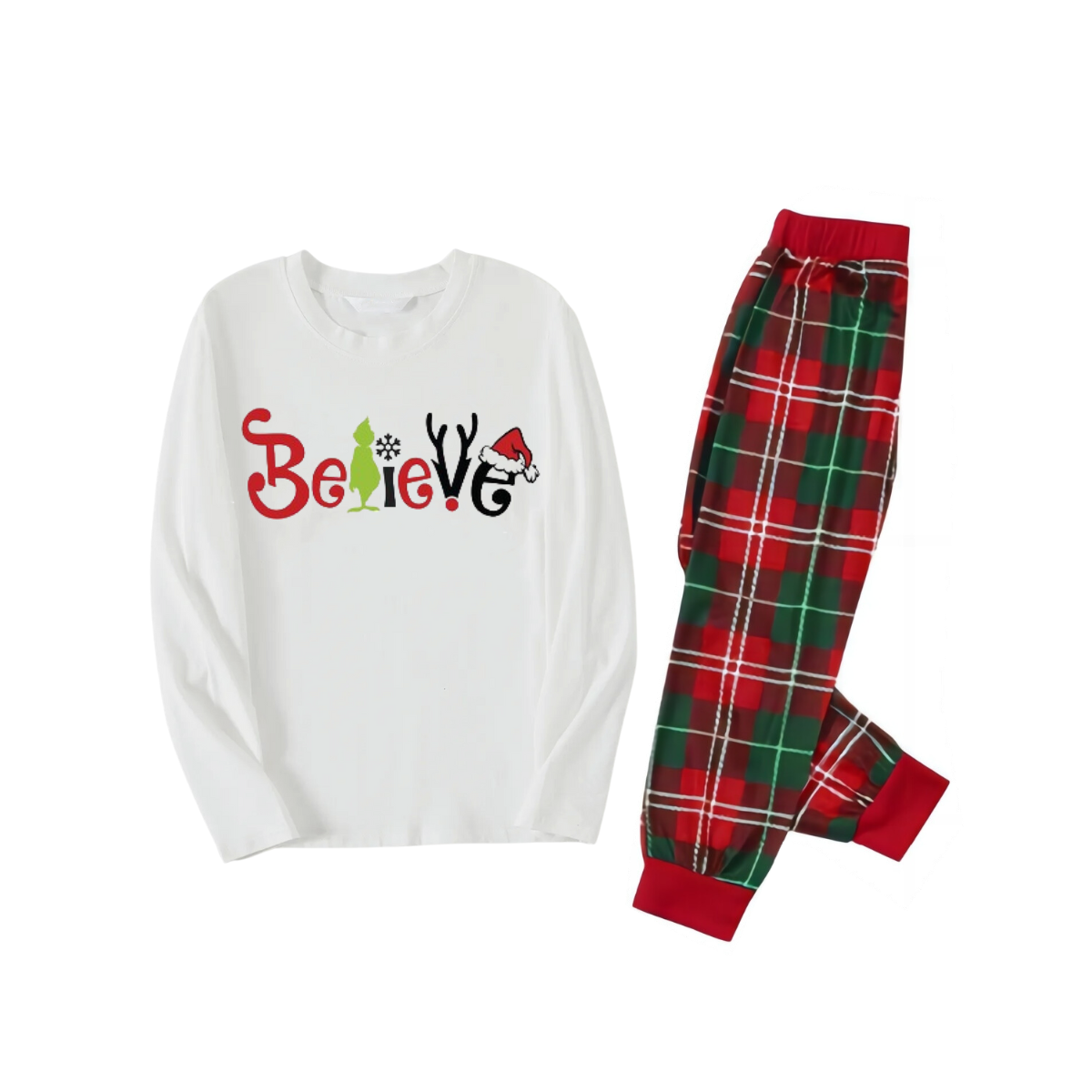 Christmas 2025"Believe" Letter White Long Sleeve Top with Red & Green Plaid Pants Family Matching Pajamas