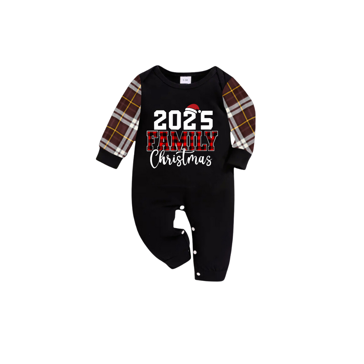 2025 Family Christmas Family Pajamas Set - Black Top, Brown Pants, Brown Buffalo Plaid Sleeves, Letter Print