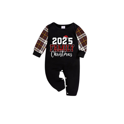 2025 Family Christmas Family Pajamas Set - Black Top, Brown Pants, Brown Buffalo Plaid Sleeves, Letter Print