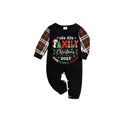 We Are Family Christmas 2025 Making Memories Family Pajamas Set - Black Top, Brown Pants, Brown Plaid Sleeves