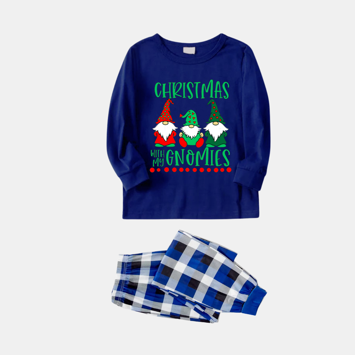 Navy & White Plaid Christmas Pajamas Set With "Christmas With My Gnomies" Text Print