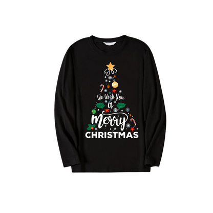 'We wish you a merry CHRISTMAS'And Christmas Tree Pattern Black Long Sleeve Top