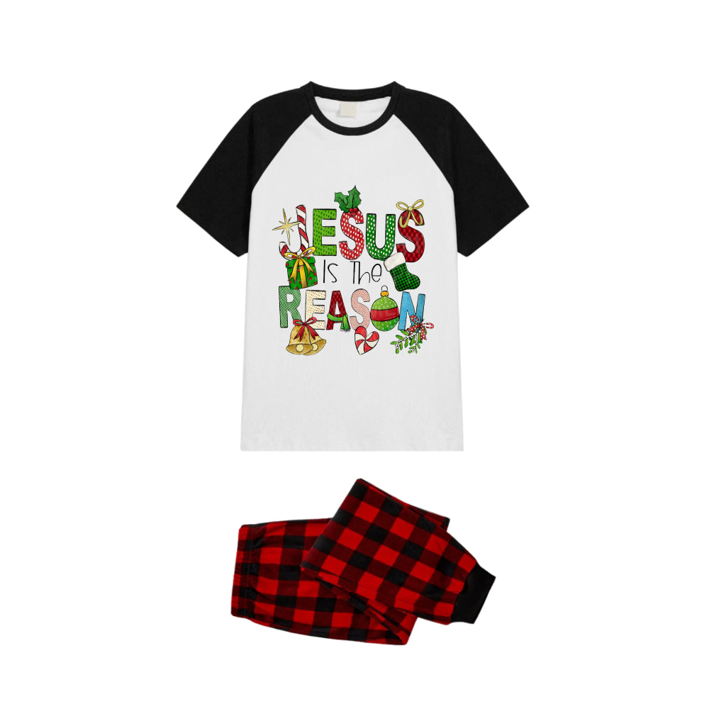 Black and Red Plaid Raglan Short Sleeve Pajamas Set With "Jesus Is The Reason" Slogan Print