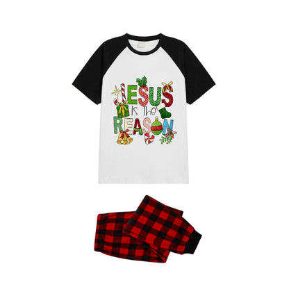 Black and Red Plaid Raglan Short Sleeve Pajamas Set With "Jesus Is The Reason" Slogan Print
