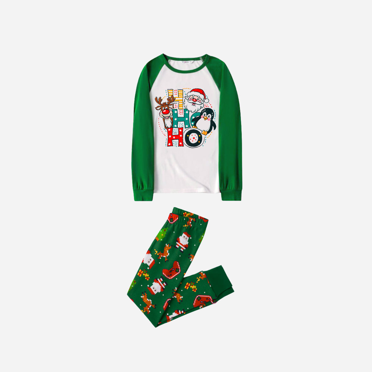 Joyful Green Raglan Top Christmas Pajamas Set With "HO HO HO" Pattern Print