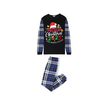 Merry Christmas 2025 Making Memories Family Pajamas Set - Black Top, Blue Pants, Blue Plaid Sleeves, Santa & Gingerbread Print