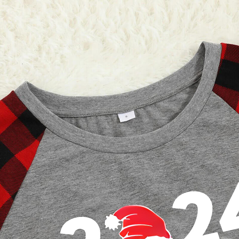 "2024 Family Christmas" Letter Print Black & Red Plaid Family Matching Grey Pajamas With Dog bandana