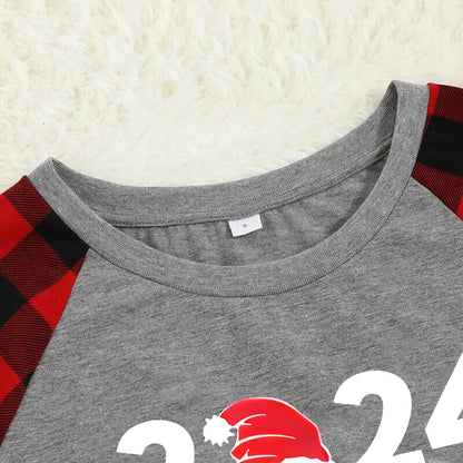 "2024 Family Christmas" Letter Print Black & Red Plaid Family Matching Grey Pajamas With Dog bandana
