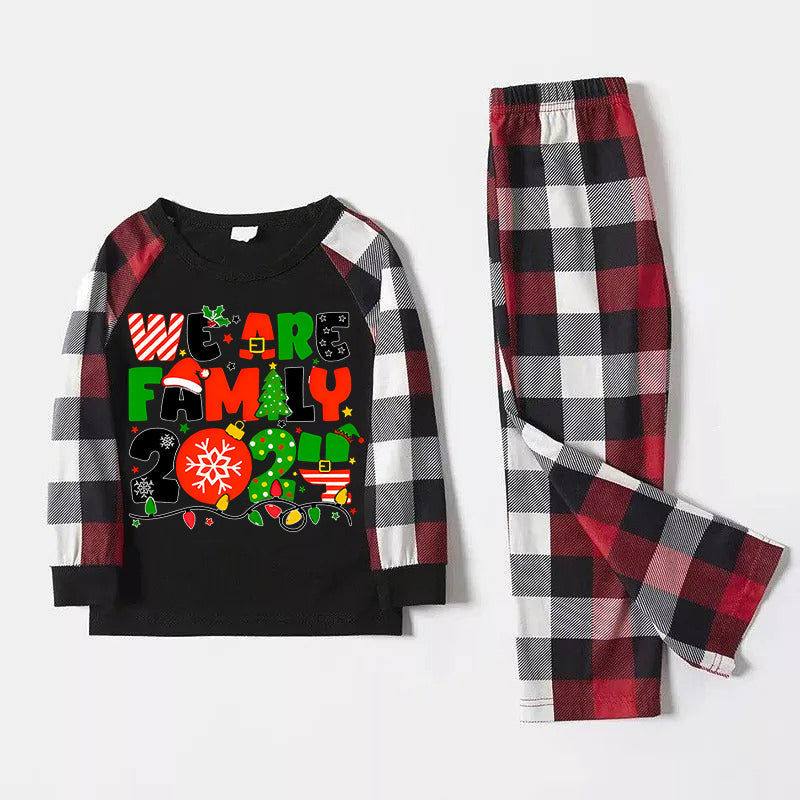 Christmas "We are Family" Colorful Multi-Element Letter Prints Red & Black & Grey & White Plaid Family Matching Pajamas