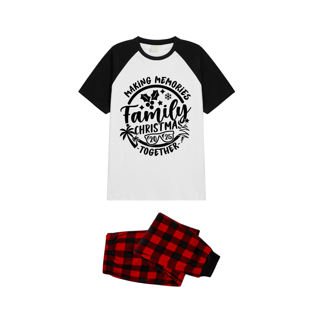 Making Memories Together Family Christmas 2025 Pajamas Set - White Top Black Sleeves Red Plaid Pants Black Text Graphic