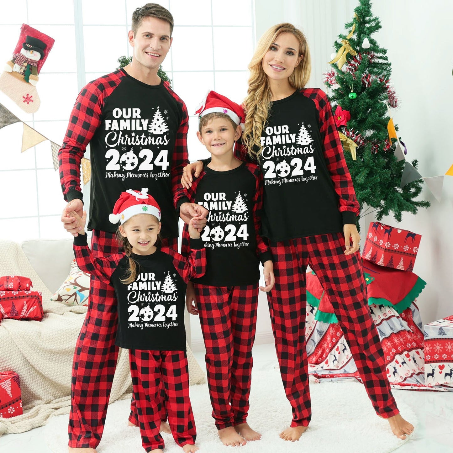 Christmas ”Ho Ho Ho“ Letter Print Santa Claus & Gingerbread & Elk Patterned Contrast Black top and Black & Red Plaid Pants Family Matching Pajamas Set With Dog Bandana