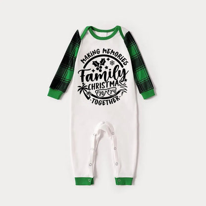 Christmas Make Memories Together 2024 Print Green Rotator Cuff Top With Green & Black Plaid Family Matching Pajamas With Dog