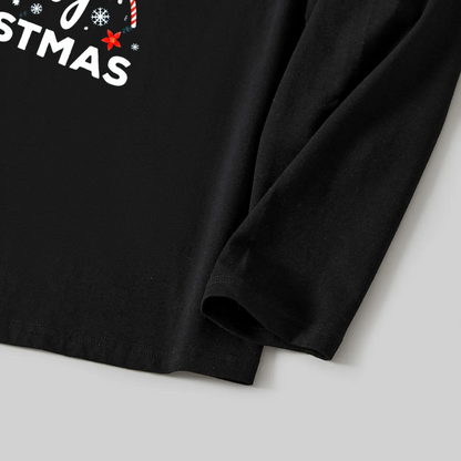 "We Wish You a Merry Christmas" Printed Pattern Black Long Sleeve Top with Red & Green Plaid Pants Family Matching Pajamas