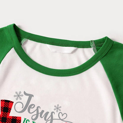 Jesus Cross Christmas Snowflake Patterned and 'Jesus Is The Reason For The Season' Letter Print Casual Long Sleeve Sweatshirts Green Contrast Tops and Black and Gren Plaid Pants Family Matching Raglan Long-sleeve Pajamas Sets