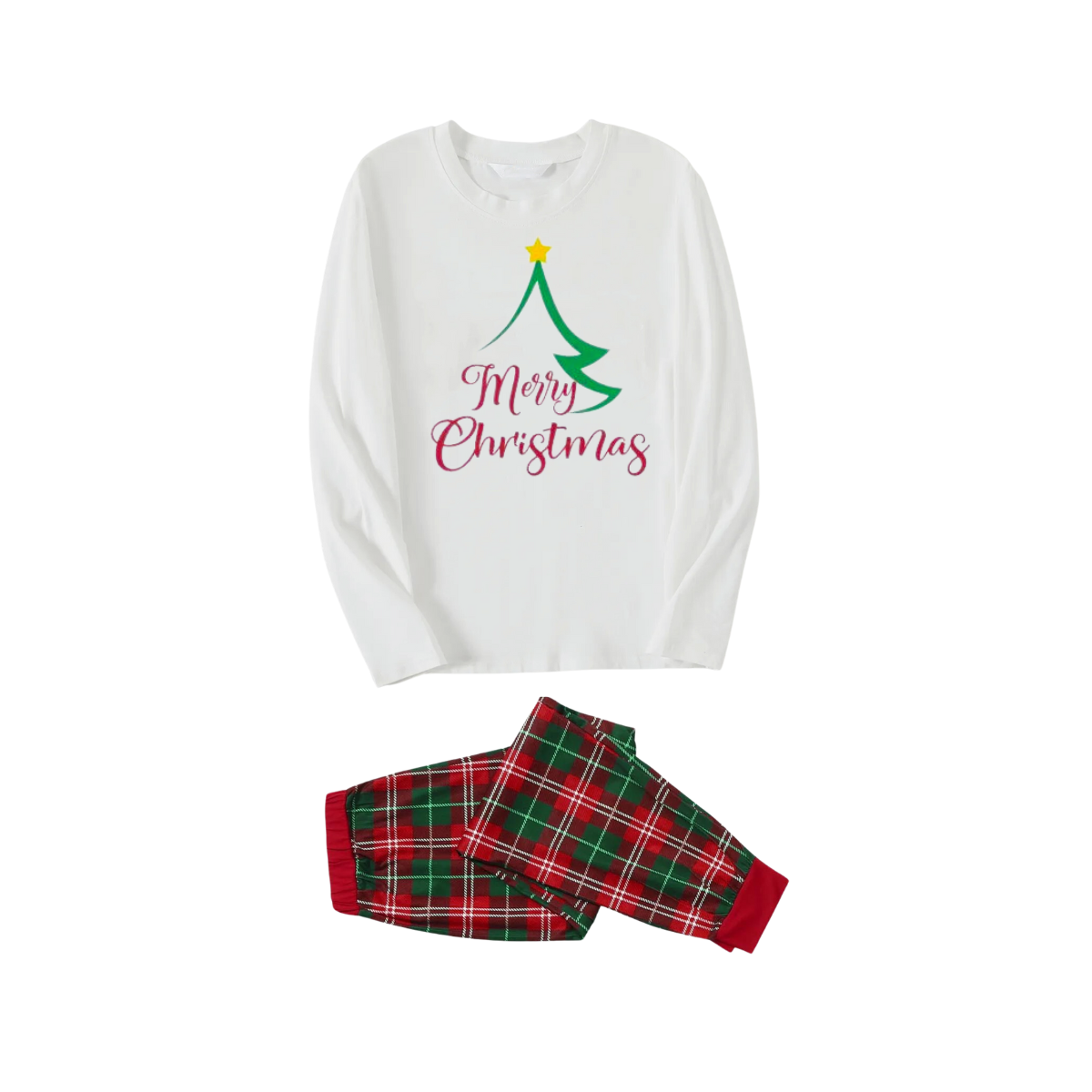 Christmas Tree of Shape with Stars and "Merry Christmas" Artistic Font White Long Sleeve Top with Red & Green Plaid Pants Family Matching Pajamas
