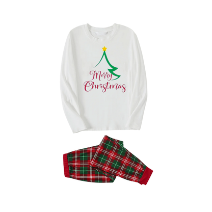 Christmas Tree of Shape with Stars and "Merry Christmas" Artistic Font White Long Sleeve Top with Red & Green Plaid Pants Family Matching Pajamas