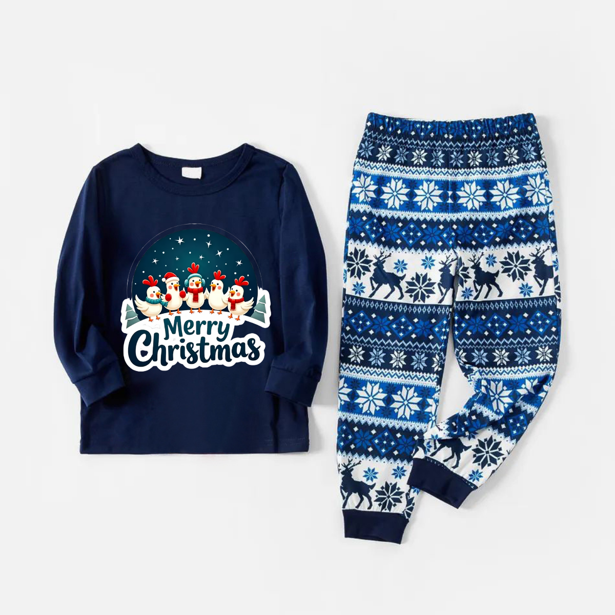 Joyful Blue Christmas Pajamas Set With Happy Chickens and "Merry Christmas" Text Print