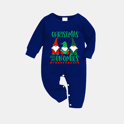 Navy & White Plaid Christmas Pajamas Set With "Christmas With My Gnomies" Text Print