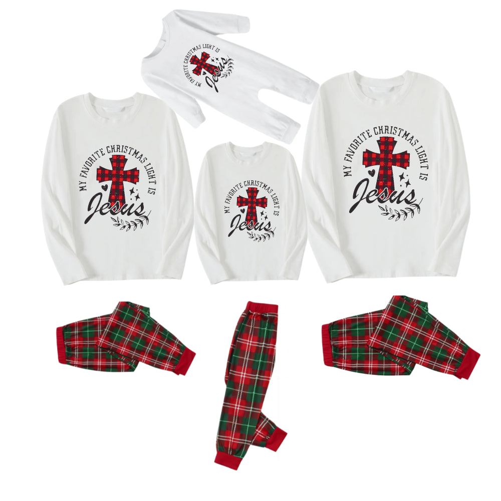 My Favorite Christmas Light Is Jesus Slogan Printed Red and Green Plaid Christmas Pajama Set