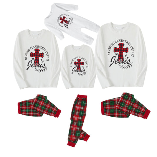 My Favorite Christmas Light Is Jesus Slogan Printed Red and Green Plaid Christmas Pajama Set