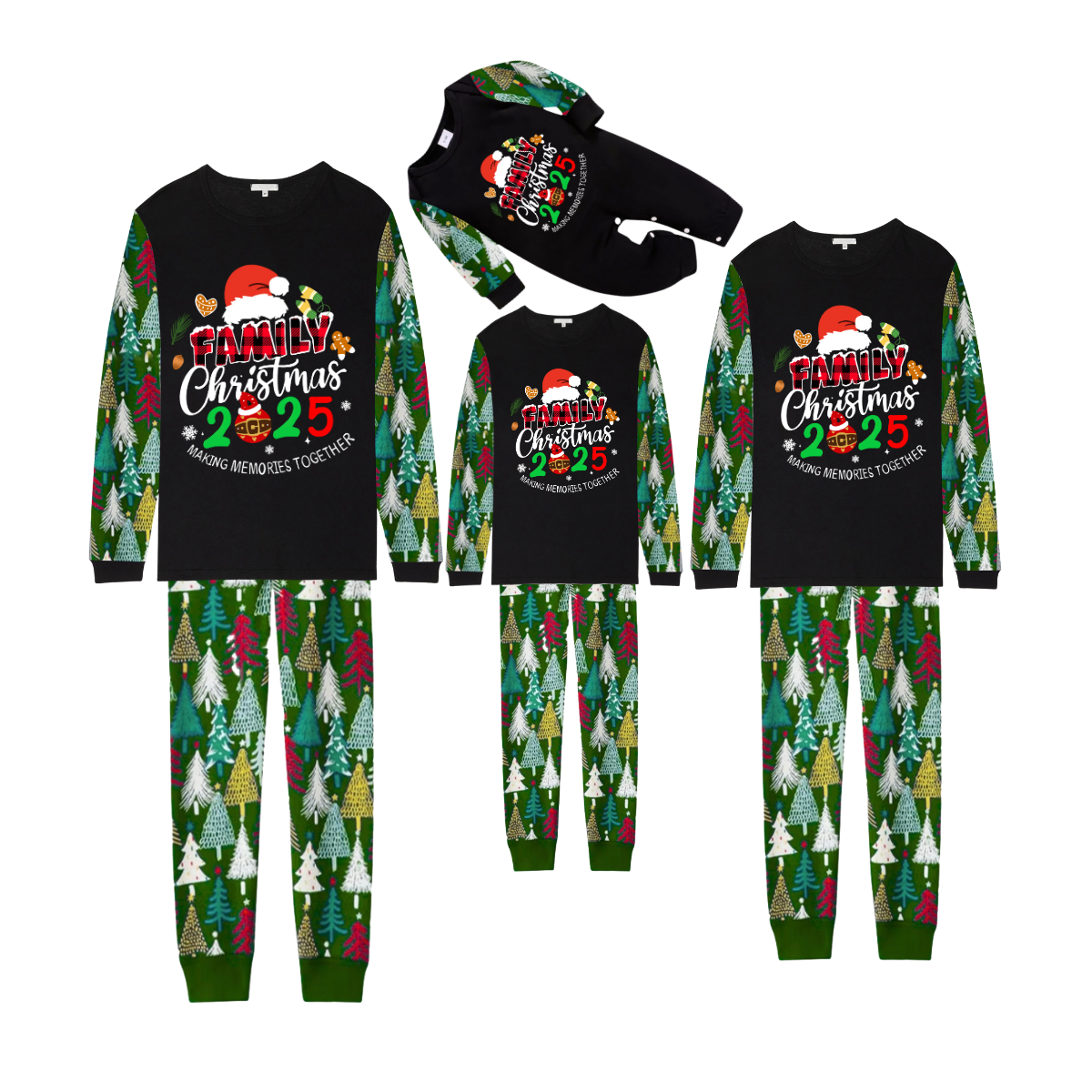 Merry Christmas 2025 Making Memories Family Pajamas Set - Black Top, Green Pants, Christmas Tree Print Sleeves, Santa & Gingerbread Print