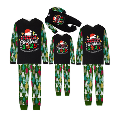 Merry Christmas 2025 Making Memories Family Pajamas Set - Black Top, Green Pants, Christmas Tree Print Sleeves, Santa & Gingerbread Print