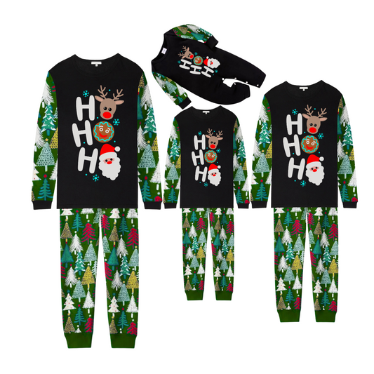 HO HO HO Christmas Pajama Set with Santa, Reindeer, and Christmas Trees
