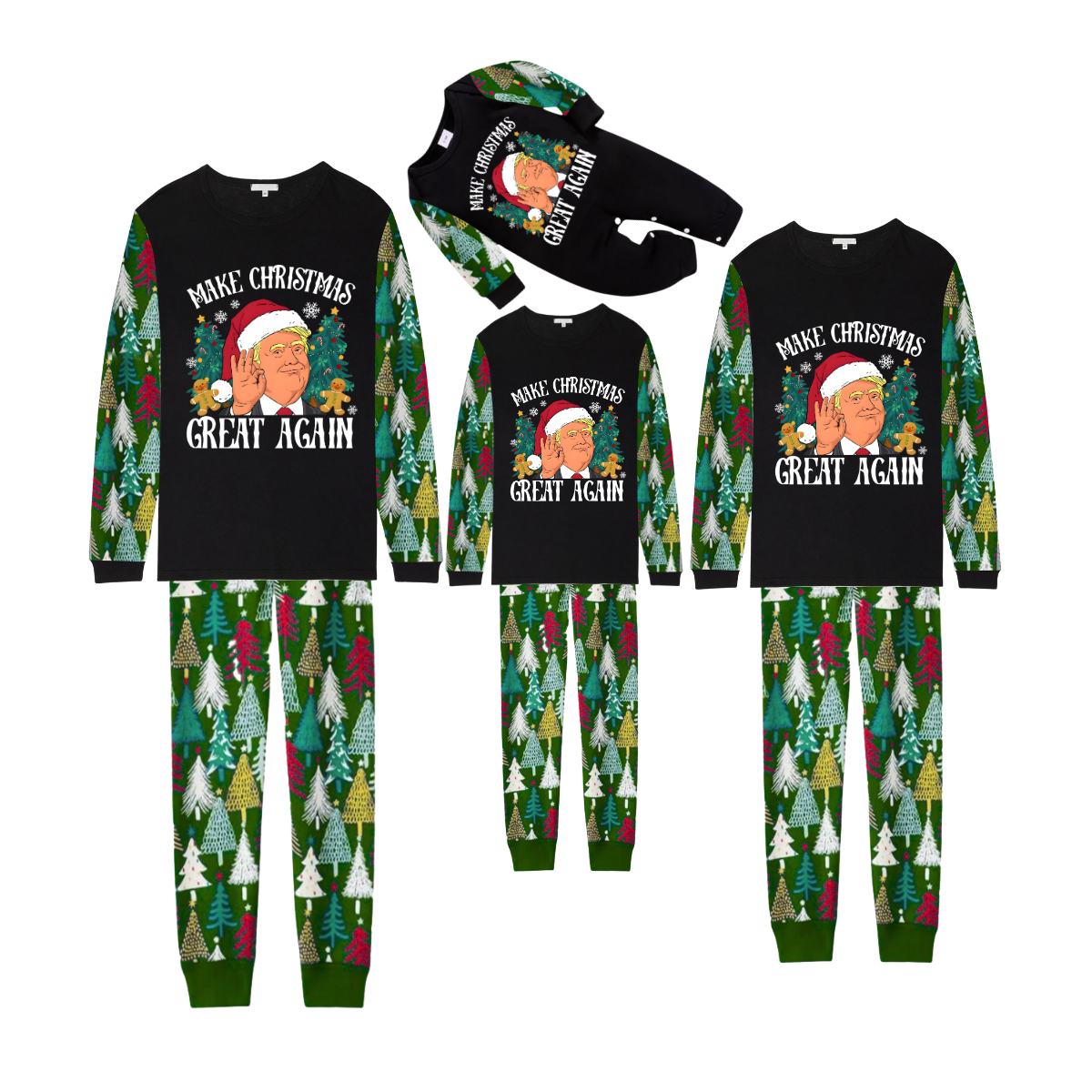 Christmas Cartoon Trump Make Christmas Great Again Family Pajamas Set - Black Top, Green Pants, Christmas Tree Pattern