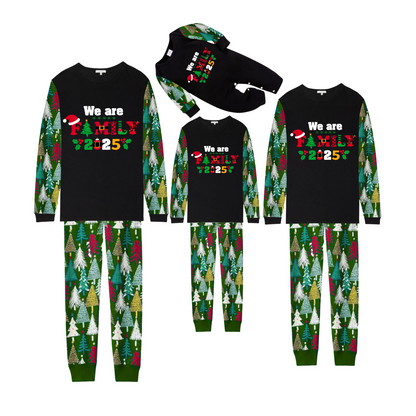 We Are Family Christmas 2025 Family Pajamas Set - Black Top, Green Pants, Christmas Tree Print Sleeves