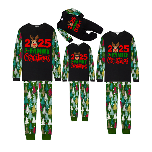 2025 Reindeer Family Christmas Family Pajamas Set - Black Top / Green Tree Print Pants / Green Tree Print Sleeves