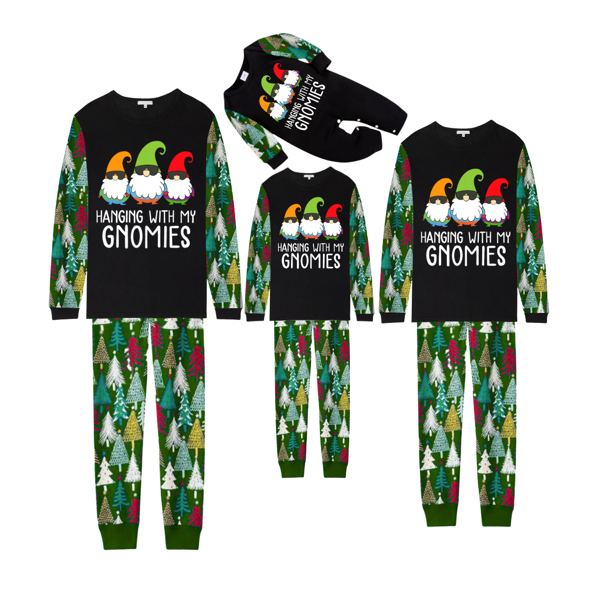 Hanging With My Gnomies Christmas 2025 Family Pajamas Set - Black Top, Green Pants, Christmas Tree Print Sleeves