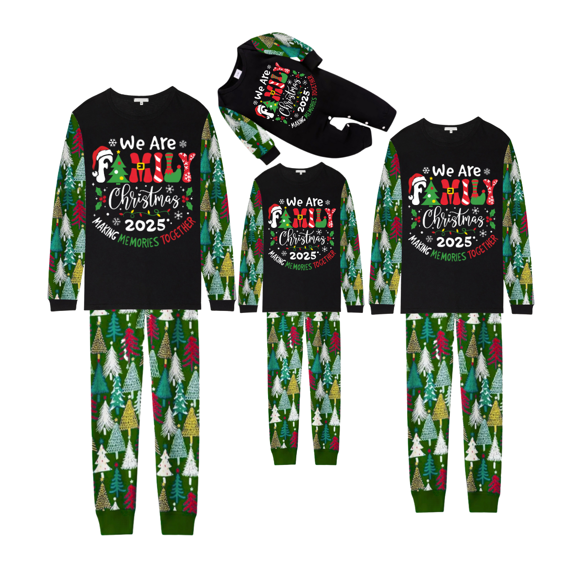 We Are Family Christmas 2025 Making Memories Family Pajamas Set - Black Top, Green Pants, Christmas Tree Print Sleeves