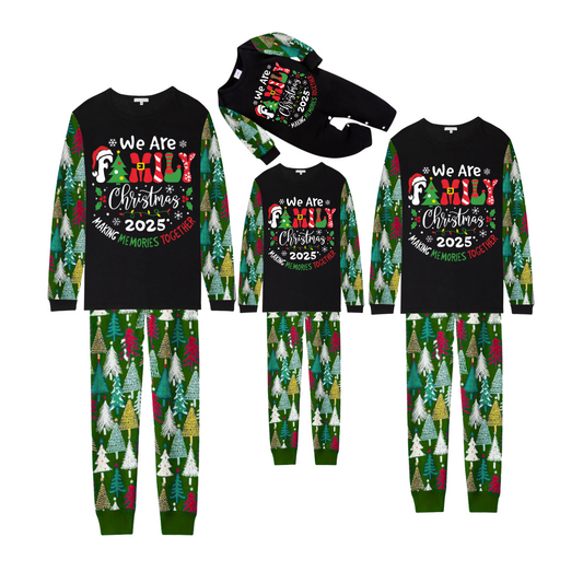 We Are Family Christmas 2025 Making Memories Family Pajamas Set - Black Top, Green Pants, Christmas Tree Print Sleeves