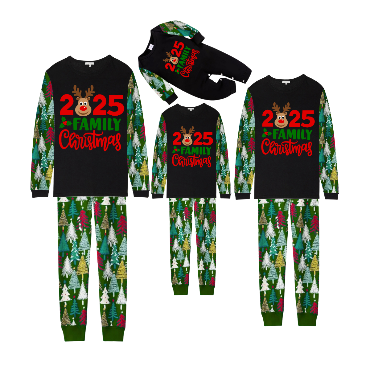 2025 Reindeer Family Christmas Family Pajamas Set - Black Top / Green Tree Print Pants / Green Tree Print Sleeves