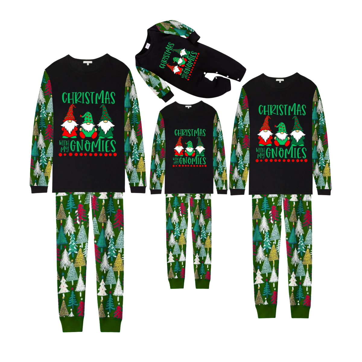 Christmas Tree Christmas Pajamas Set With "Christmas With My Gnomies" Text Print