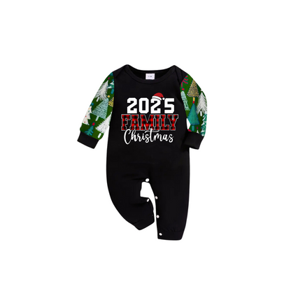 2025 Family Christmas Family Pajamas Set - Black Top, Green Pants, Christmas Tree Print Sleeves, Letter Print