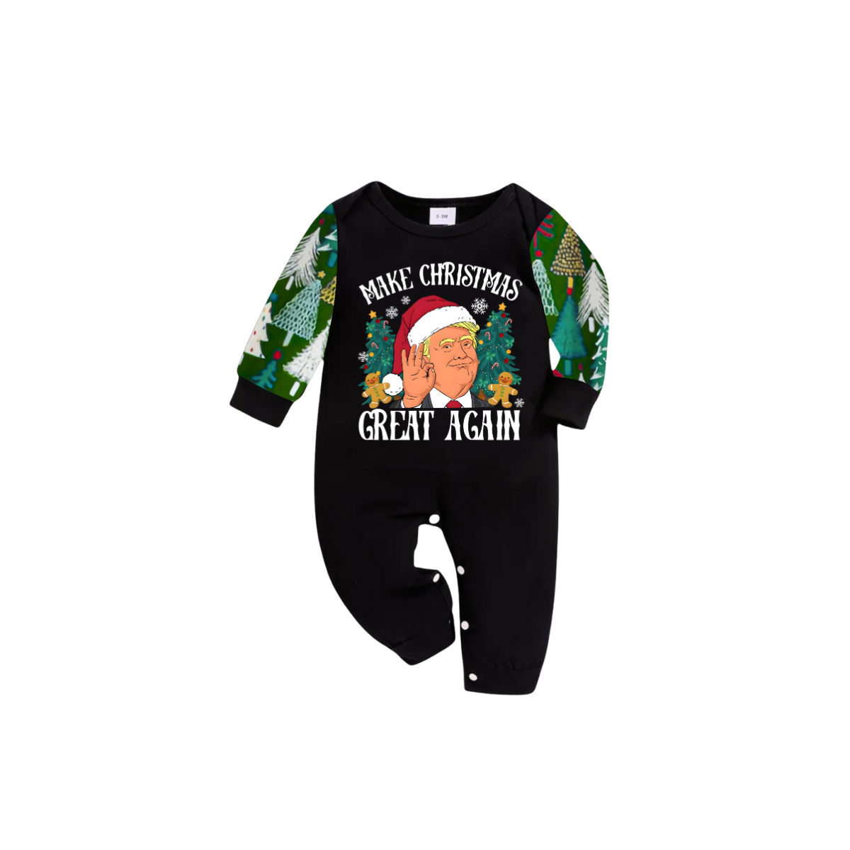 Christmas Cartoon Trump Make Christmas Great Again Family Pajamas Set - Black Top, Green Pants, Christmas Tree Pattern