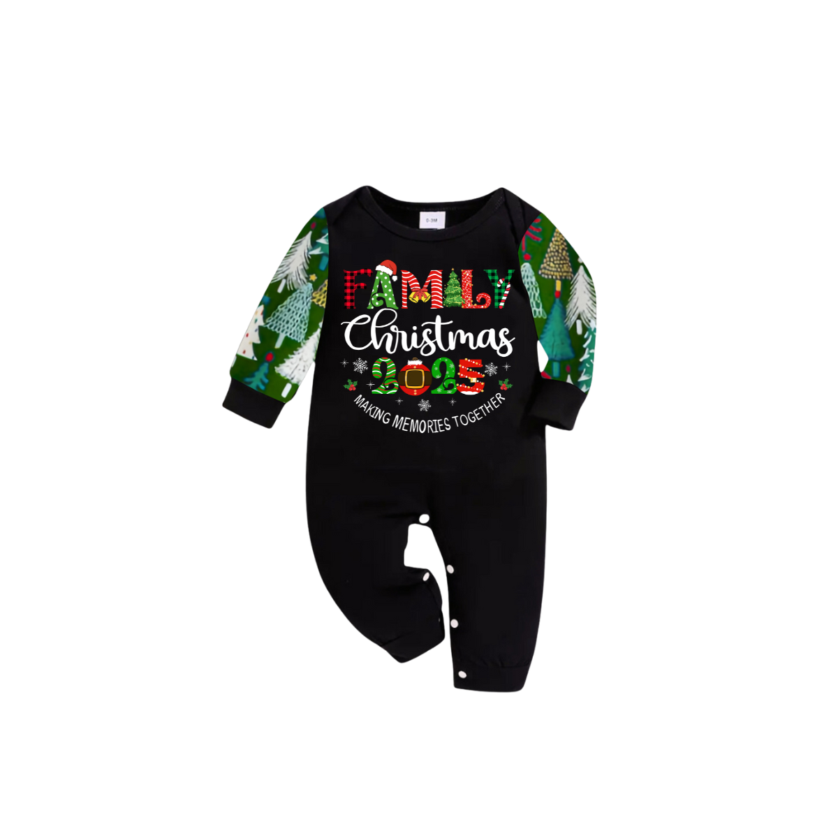 Family Christmas 2025 Making Memories Family Pajamas Set - Black Top, Green Pants, Christmas Tree Print Sleeves