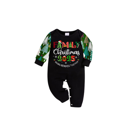 Family Christmas 2025 Making Memories Family Pajamas Set - Black Top, Green Pants, Christmas Tree Print Sleeves