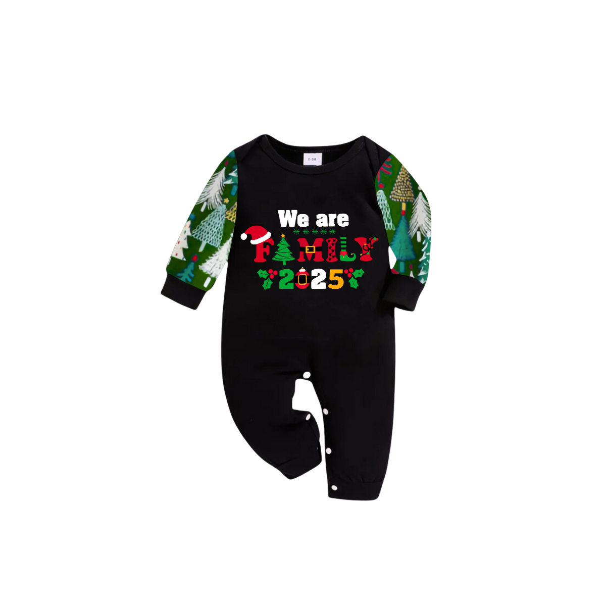 We Are Family Christmas 2025 Family Pajamas Set - Black Top, Green Pants, Christmas Tree Print Sleeves